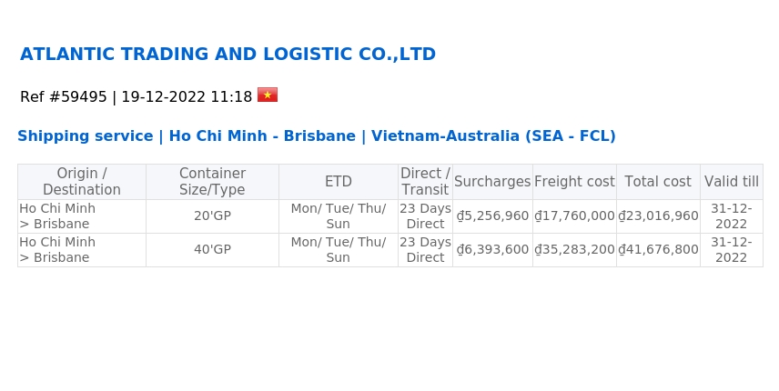 Shipping service | Ho Chi Minh - Brisbane | Vietnam-Australia (SEA - FCL)