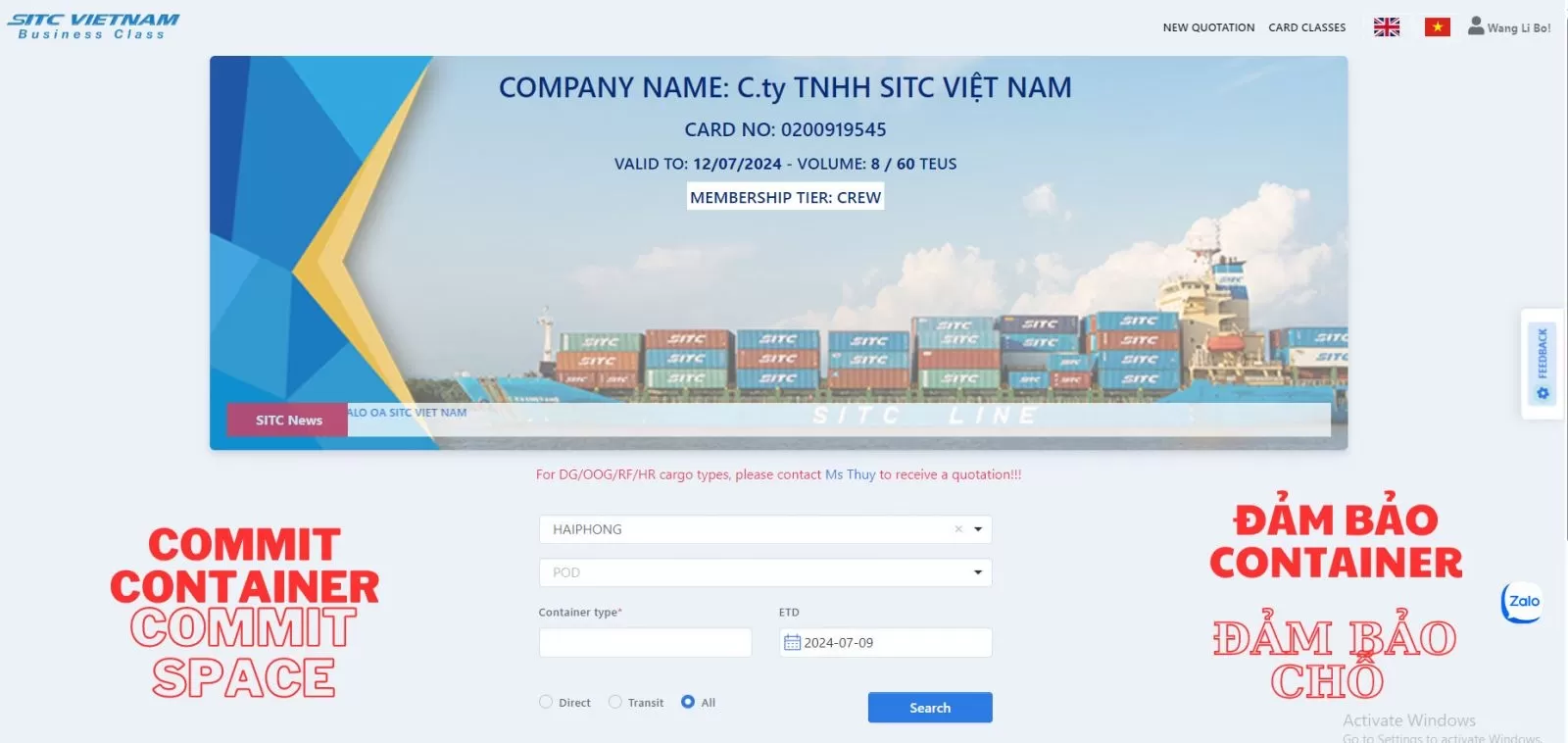 SITC giới thiệu website báo giá và đặt booking trực tuyến SITC BUSINESS CLASS