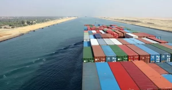 A container ship passing through the Suez Canal