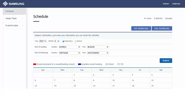 Tìm lịch tàu Namsung (Namsung schedule)
