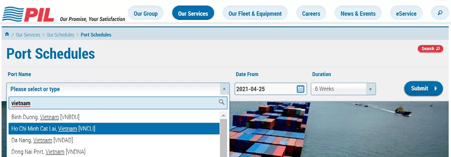 Xem lịch tàu của Hãng tàu PIL