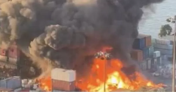 Containers burning in a container yard in Hong Kong's Yau Ma Tei district