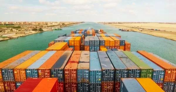 Container ship passing through the Suez Canal
